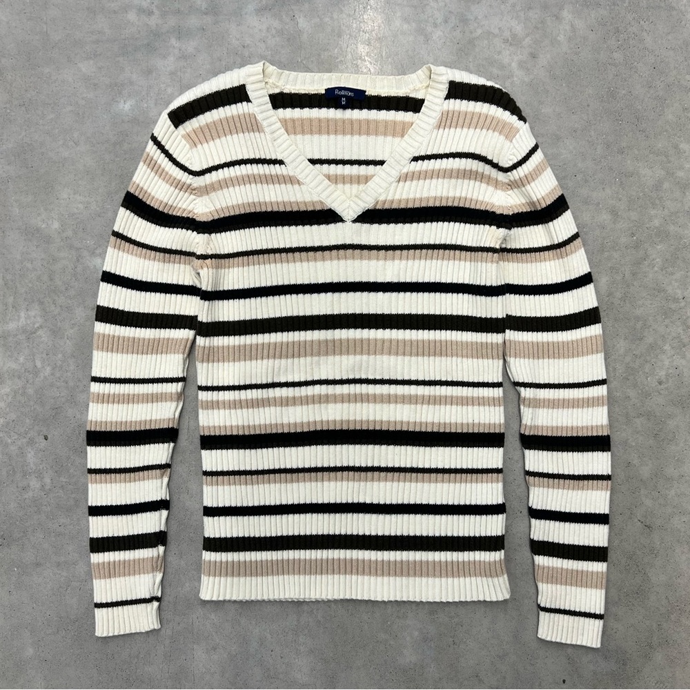Reitmans Striped V-Neck Sweater in Cream, Black & Tan - size medium
